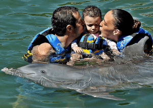 Mom Dad and Child Kissing Dolphin Mexico